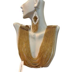 Himalayan Nepal White Gold Beaded Layered Necklace Metallic + Earrings Seed Bead